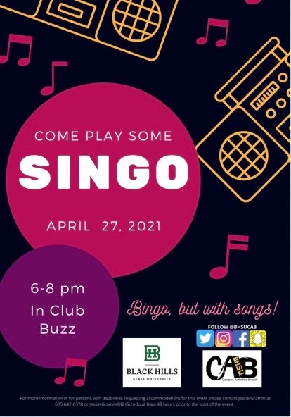 BHSUCAB's tweet photo. Singo 🎶
April 27th, 6-8pm 
Bingo, but with songs! https://t.co/BWLBvN2AWQ