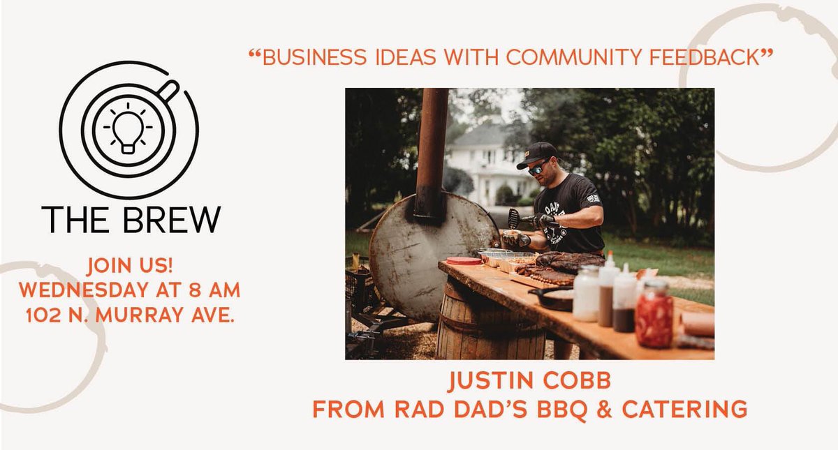 DTAnderson_SC's tweet photo. Join us at The Brew tomorrow to hear from Rad Dad’s BBQ &amp; Catering! 8am @ 102 N Murray Ave . Free breakfast &amp; coffee. Open to the public! #SeeShockCity https://t.co/h2uoo906pu