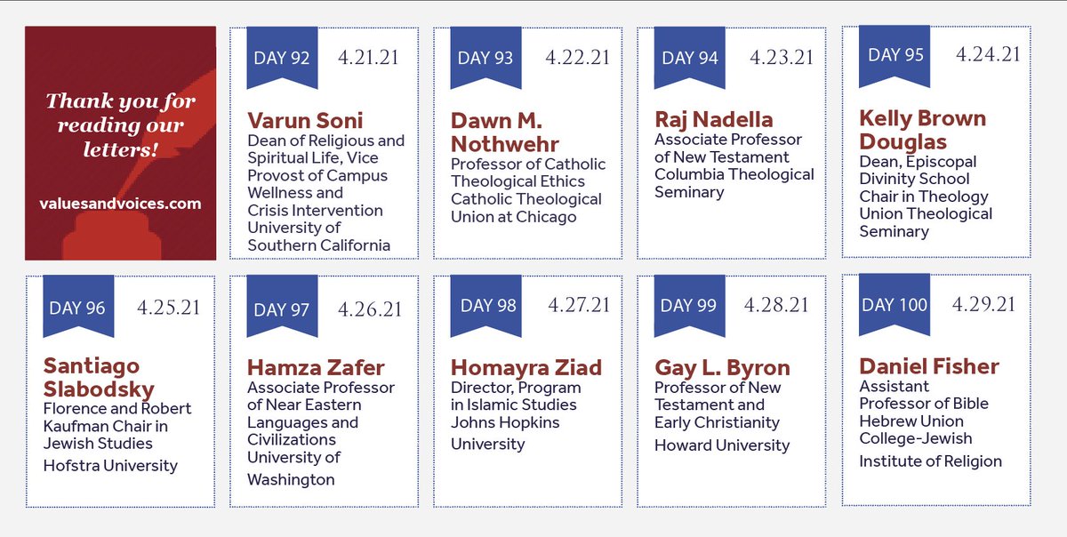 ValuesandVoices's tweet photo. Final week featuring Varun Soni of @USC, Dawn Nothwehr of @ChicagoCTU, Raj Nadella of @CTSeminary, Kelly Brown Douglas of @UnionSeminary, Santiago Slabodsky of @HofstraU, Hamza Zafer of @UofWA, Homayra Ziad of @JohnsHopkins, Gay Byron of @HowardU, &amp; Daniel Fisher of @HUCJIR! https://t.co/PFhIHCklBd