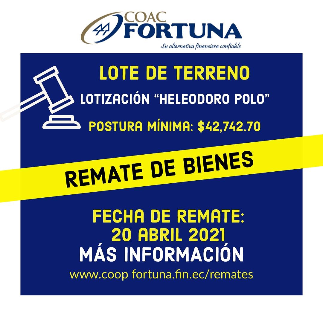 CoopFortuna's tweet photo. REMATE DE BIENES‼️
LOTE DE TERRENO: 269.50 metros ubicado en la ciudadela "Heleodoro Polo"
POSTURA MÍNIMA:
U$ 42,742.
FECHA DE POSTURA:
20 de abril 2021
Información:
👉 https://t.co/zheqD8HTdM https://t.co/hTSDyNo0cQ