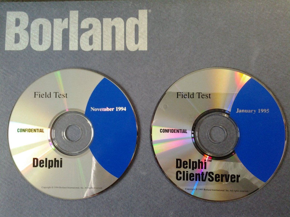 JimMcKeeth's tweet image. Who else remembers when field test software came in the mail on a CD? Thanks to @maxkleiner for sharing this image of his Delphi 1 field test CDs. I need to dig up my Turbo Pascal 1 floppy disk. #Delphi26th