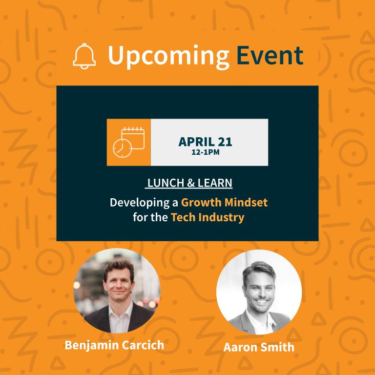 Grab your lunch and Zoom link - This Wednesday (noon-1pm) we're chatting about how to develop a growth mindset and how to use it set yourself up for the most success in the tech industry! Link in bio to RSVP! #event #growth #mindset #tech