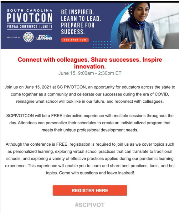 PersonalizeSC's tweet photo. Calling all #PersonalizeSC educators!  Submit a proposal for the @SCPivotCON conference on June 15! These can even be pre-recorded presentations! With a track dedicated to personalized learning, we know our network has a lot to share!

https://t.co/MJSWK4L6fQ https://t.co/63A5FvvXdr