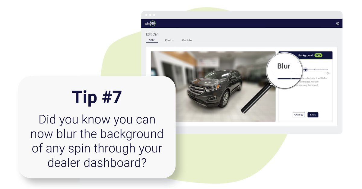 Make your listings better with blur! Blur the background of your spins to show more car and less distractions with Win360. The best part? It's totally optional and you choose how much.

#TipTuesday #backgroundblurring #blur #machinelearning #automotivetechnology #Win360