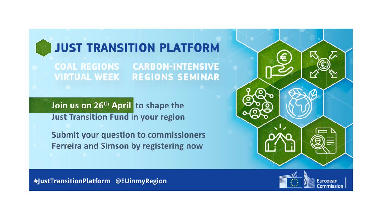📢Join us on 26th April to shape the #JustTransitionFund in your region

Register now and ask your questions to Commissioners <a href="/ElisaFerreiraEC/">Elisa Ferreira</a> and <a href="/KadriSimson/">Kadri Simson</a> 
➡️bit.ly/2RN78V7

#CohesionPolicy #CoalRegionsEU #EUGreenDeal #EURegions