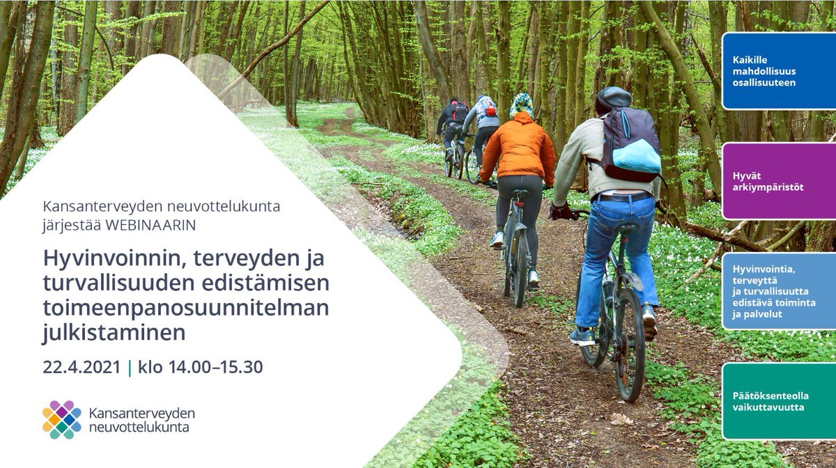 Pian se on julkista! 

Hyvinvoinnin, terveyden ja turvallisuuden edistämisen linjauksen toimeenpanosuunnitelma julkaistaan avoimessa webinaarissa 22.4.2021 klo 14-15.30 

Ohjelma ja osallistumislinkki: videonet.fi/stm/20210422/  

#hyte <a href="/THLorg/">THL</a>  <a href="/STM_Uutiset/">Sosiaali- ja terveysministeriö</a>