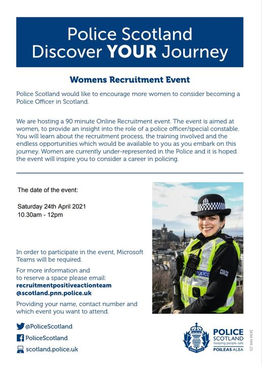 @policescotland  are hosting a 90 minute online recruitment event on Sat 24 April 2021 at 10.30 am.   The event is aimed at women, to provide an insight into the role of a police officer/special constable.

For more info, please see below ⬇️