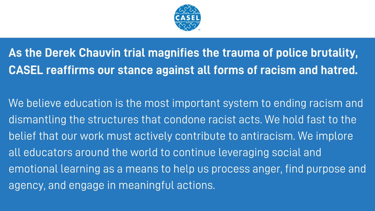 caselorg's tweet photo. Racism against Black, Brown, Asian American, Indigenous communities did not begin + will not end with a single event. We want to reaffirm our commitment to the ongoing, collective work of anti-racism. For SEL guidance &amp; support on discussing these events: https://t.co/pwfCEZ8O1F https://t.co/ZLkNbJNwoy