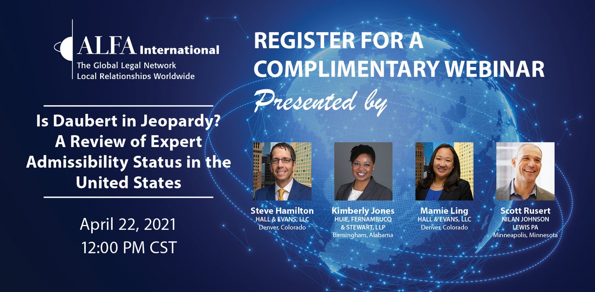 ALFAIntLaw's tweet photo. IT'S NOT TOO LATE TO REGISTER for a complimentary webinar titled, "Is Daubert in Jeopardy? A Review of Expert Admissibility Status in the United States," presented by ALFAI's Product Liability & Complex Torts Practice Group. Register here: https://t.co/UkkdgXqPbD #webinar #PLCT https://t.co/2ehqQhnFo7