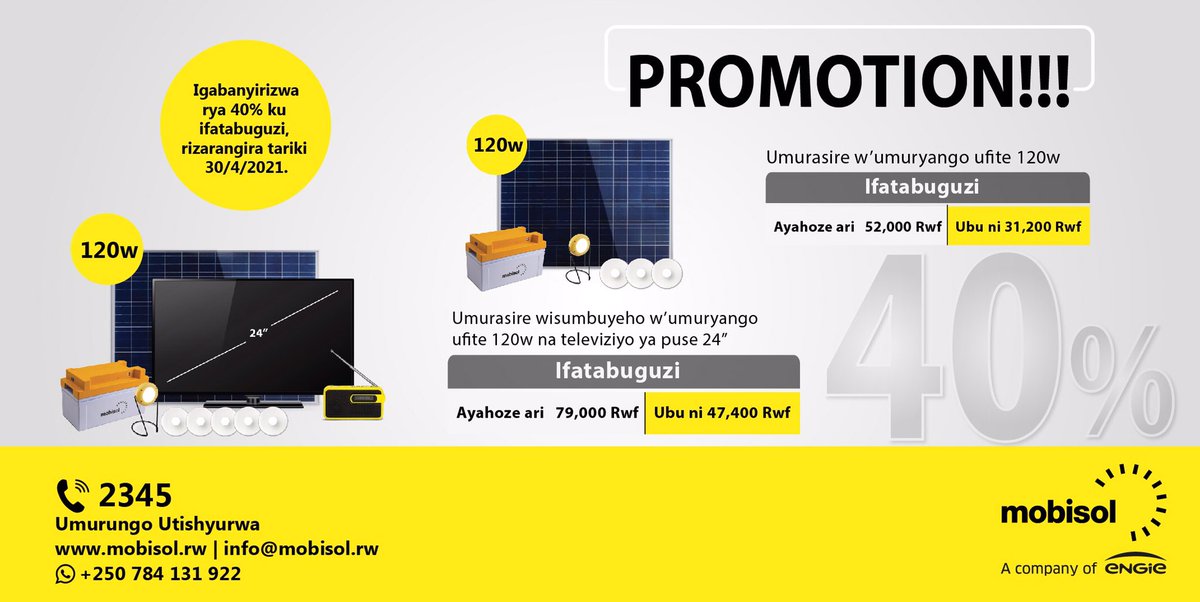 Hesha ishema umuryango wawe utuye “ahatagera amashanyarazi”, maze ubagurire umurasire w’ibanze ufite 120W, cyangwa umurasire wa 120W ufite televisiyo ya puse 24; ugabanyirizwe 40% ku ifatabuguzi. Gura none kuko poromosiyo izarangira tariki ya 30/4/2021. 

#MobisolRwanda