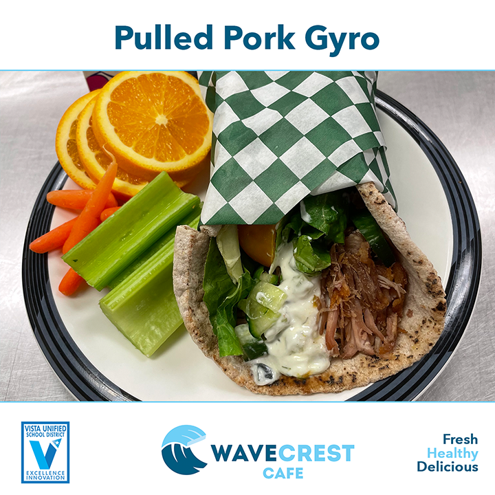 WaveCrestCafe's tweet photo. New to our Spring menu, Pulled Pork Gyros. Tender, savory pulled pork and fresh veggies are wrapped inside a soft pita shell with a low-fat tzatziki sauce ready to make full, happy bellies. Check your school's menu to see what day they're served. #WAVE #SchoolNutrition https://t.co/hpWaCnITFy
