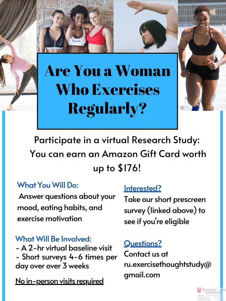 RutgersEmPLab's tweet photo. 📣Paid research opportunity! 

Please RT and circulate this flyer to any individuals who may be interested in participating in a study assessing thoughts and emotions during exercise 🏋️🧘🏾‍♀️🚴🏾‍♀️🏊‍♀️

All study procedures are entirely virtual. 

See flyer for more details 👇 https://t.co/lWFc8SlmMO
