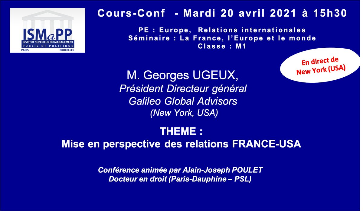 Depuis 15h30 en direct de <a href="/nycgov/">City of New York</a> cours-conf développée par la <a href="/Chaire_IGP/">Chaire Internationale de la Gouvernance Publique</a> aux #EMP par <a href="/GeorgesUgeux/">Georges Ugeux</a> , pdg de <a href="/galileo_global/">Galileo Global Advisors</a>
