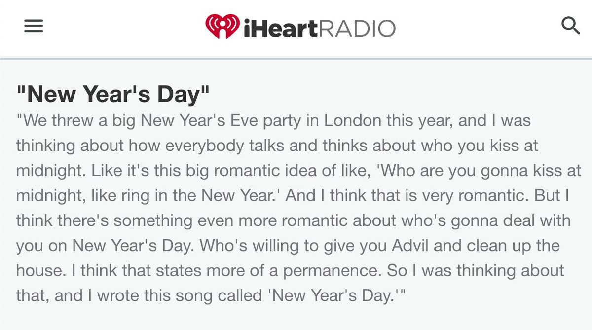 taylor later talks about the party in song explanations for new year's day, at both the reputation iheartradio session in 2017 and a chicago fan event in 2018.