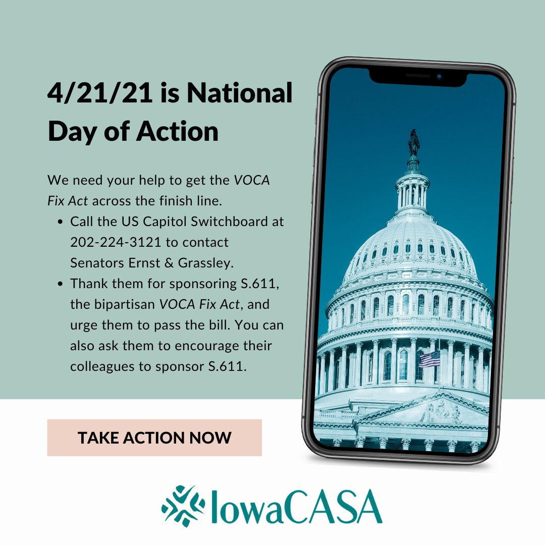 Today is the National Day of Action for the #VOCAFix. Contact <a href="/SenJoniErnst/">Joni Ernst</a> and <a href="/ChuckGrassley/">Chuck Grassley</a> and urge them to take action on S.611. The situation is dire! #Crisis4Victims 

Find out more about VOCA crisis at desmoinesregister.com/story/opinion/…