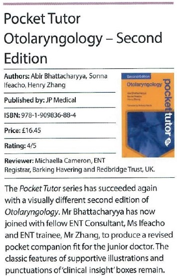 Great review of Pocket Tutor Otolaryngology, Second Edition, in @ENT_AudsNews - see the full review here: entandaudiologynews.com/reviews/book-r…