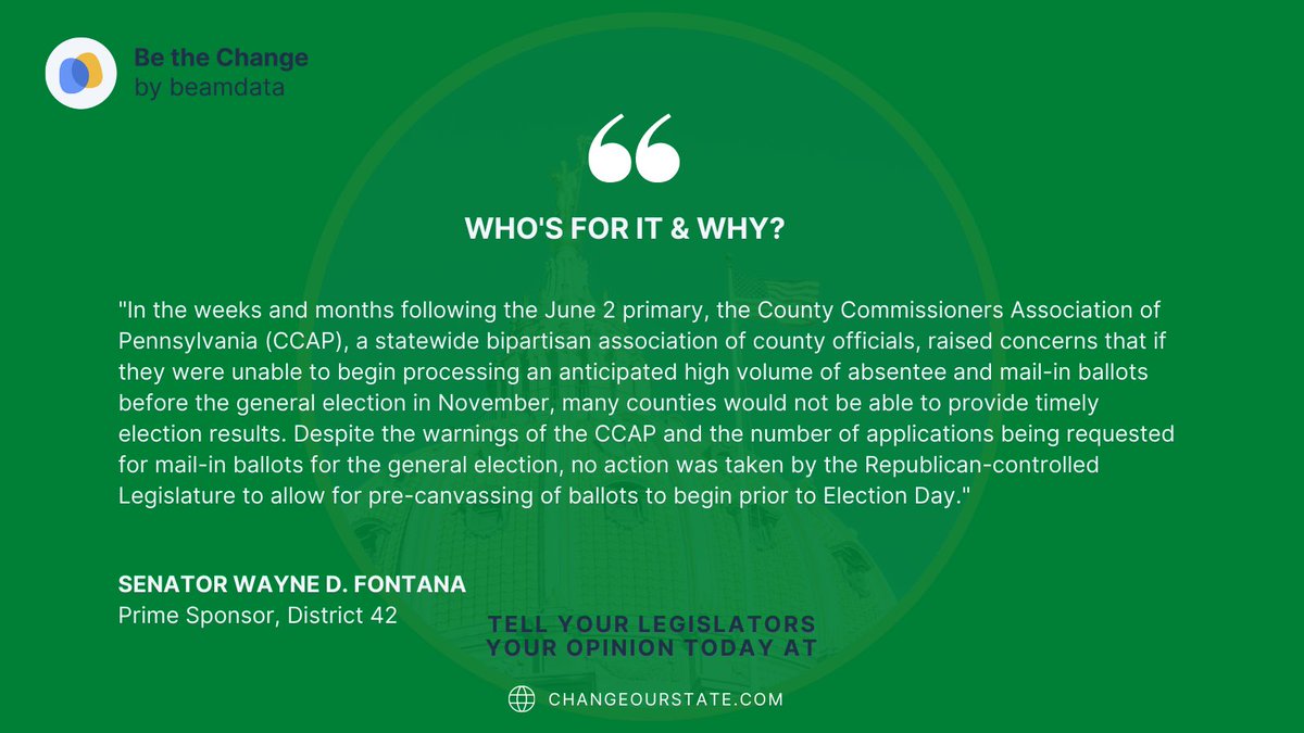 beamdata's tweet image. Spotlight on SB 128 prime sponsored by Senator @WayneDFontana and focused on allowing PA elections to be conducted by mail. Checkout the snapshot below. Should PA allow mail-in voting? Share your thoughts on ChangeOurState.com today!