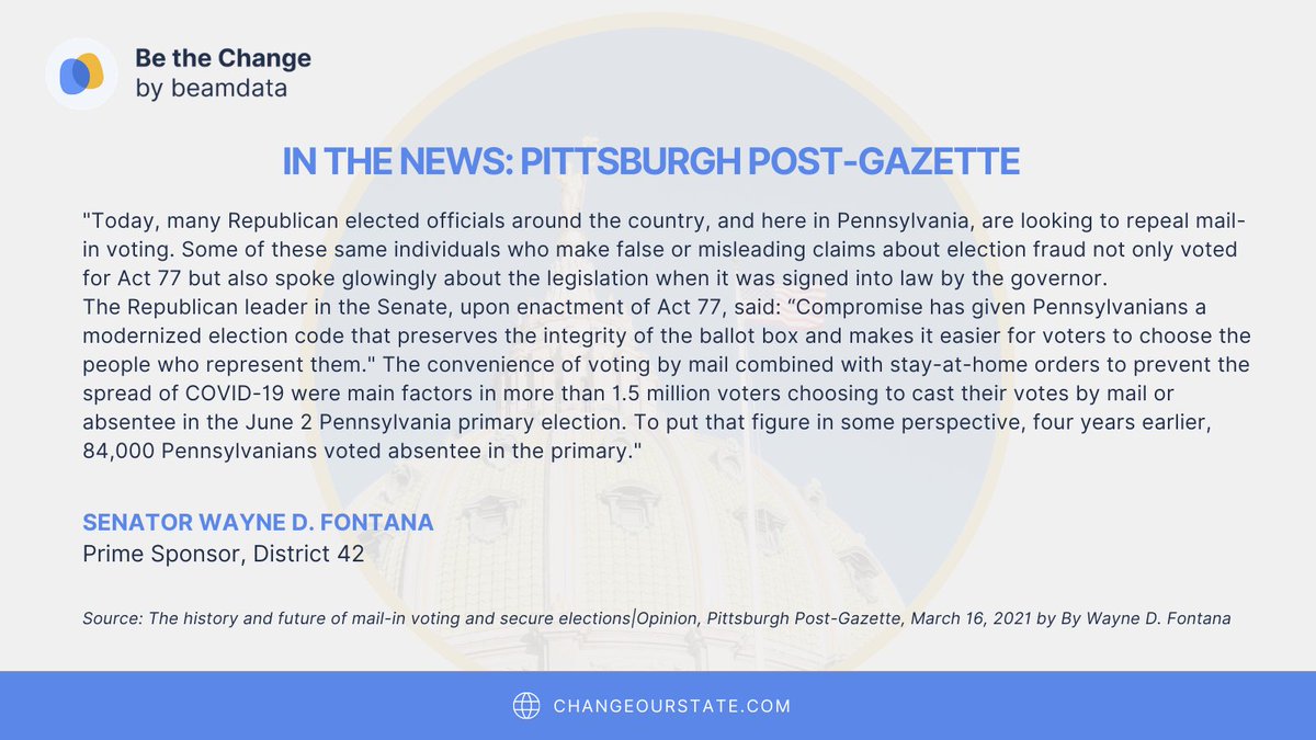 beamdata's tweet image. Spotlight on SB 128 prime sponsored by Senator @WayneDFontana and focused on allowing PA elections to be conducted by mail. Checkout the snapshot below. Should PA allow mail-in voting? Share your thoughts on ChangeOurState.com today!