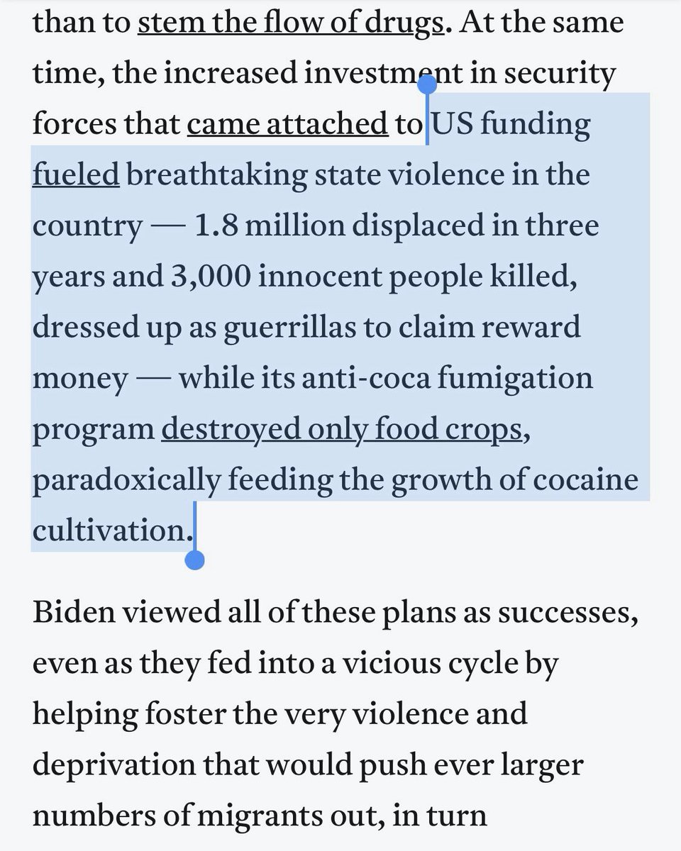 Biden decimated South America by internationalizing the War on Drugs with his Plan Colombia, which displaced millions, killed thousands, and actually increased cocaine cultivation, creating the conditions that cause refugees to flee to the US. 11/