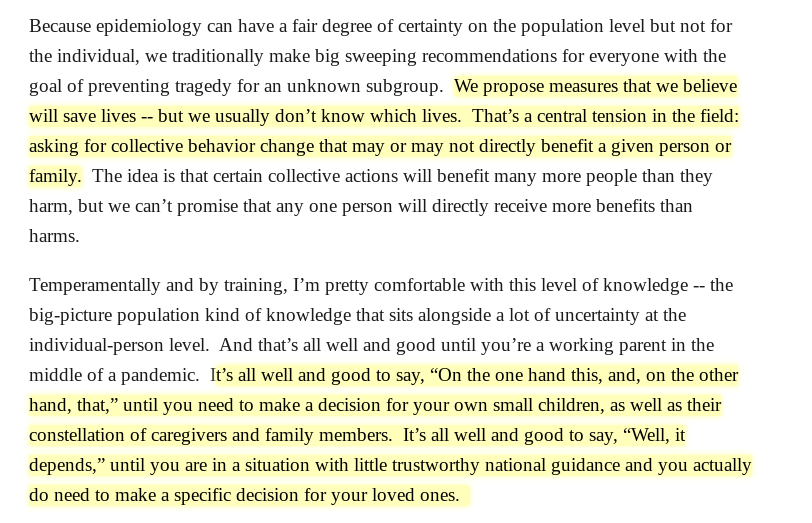 A phenomenal guest essay by @WhitneyEpi on how she navigated the uncertain early pandemic environment to decide whether to send her kids to childcare. A central tension in epidemiology, how to pick questions, observed vs. expected, sticky priors and more! theinsight.org/p/how-one-epid…