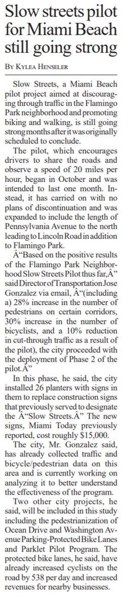 Happy to see our Slow Streets pilot continue as residents enjoy its benefits. As per Miami Today:
'The pilot...has carried on with no plans of discontinuation and was expanded to include the length of Pennsylvania Ave to the north leading to Lincoln Road'
#SlowStreets #MiamiBeach