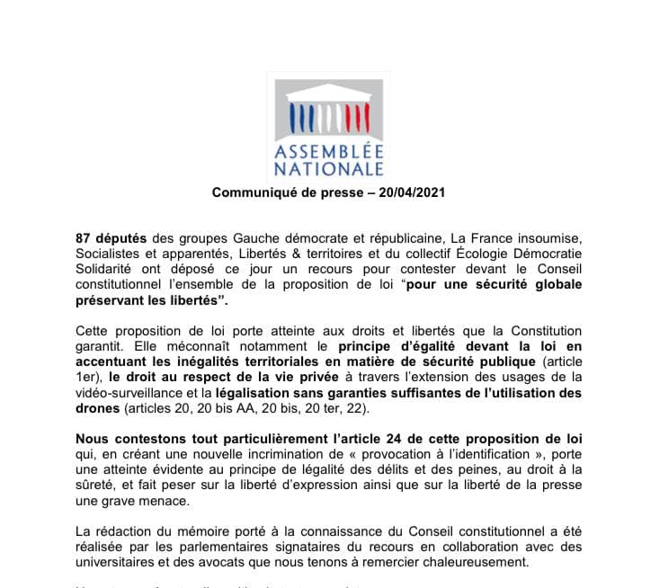 Avec mes collègues <a href="/edsassnat/">Écologie Démocratie Solidarité</a>  et 87 députés nous déposons un recours au Conseil Constitutionnel sur la loi #SecuriteGlobale. Concernant notamment : 
Art. 20 : extension de la vidéo-surveillance
Art. 22 : déploiement des drones 
Art. 24 : délit de provocation à l'identification