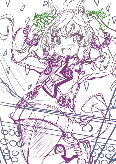 アニメ2期を見終わって、早くツインターボ師匠にG1やうまぴょい伝説をセンターで歌って欲しいくらい大好きになりました。
そんなターボ師匠のラフです 