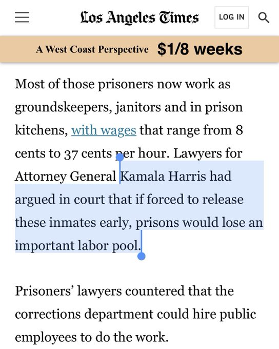 When the Supreme Court ruled that Harris' unconstitutionally overcrowded prisons were "cruel and unusual punishment," her lawyers pushed back to protect their prison labor profits. 17/