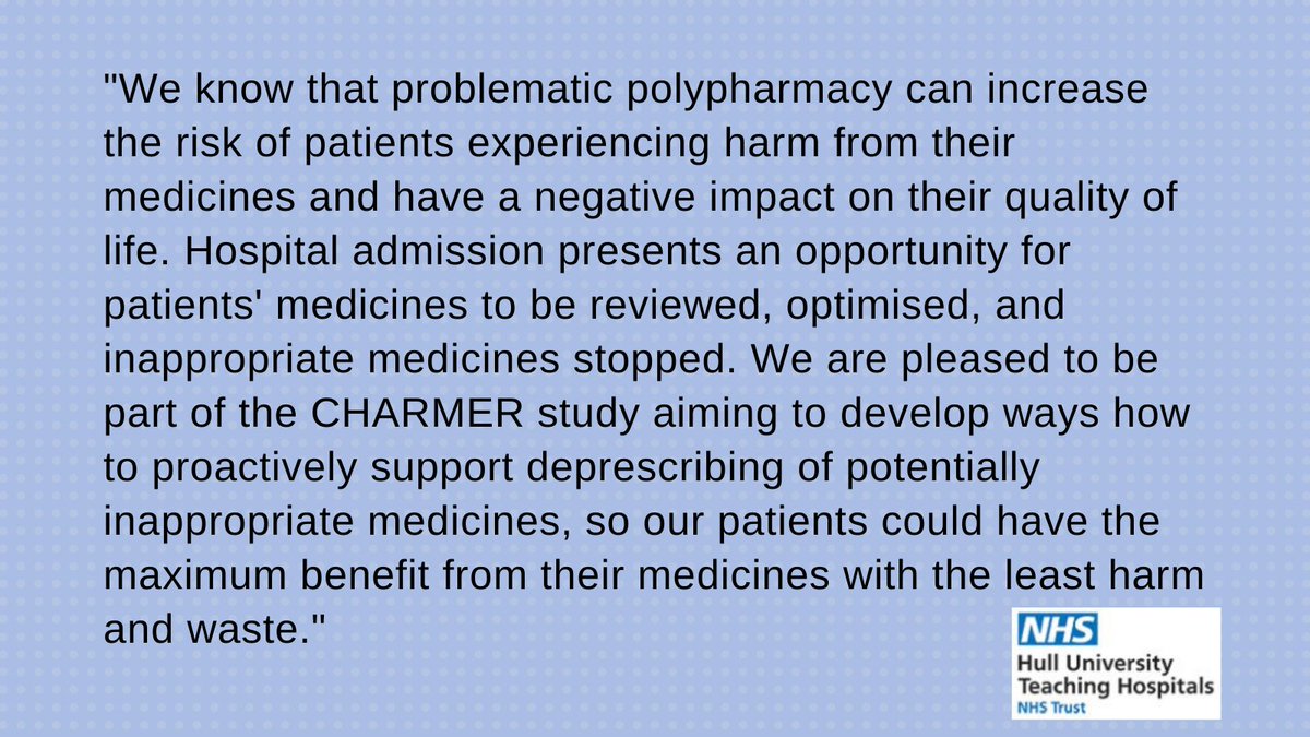 Many thanks to Kristina Medlinskiene who is the lead researcher for CHARMER at Hull University Teaching Hospitals NHS Trust. She has told us why her team has joined the CHARMER #deprescribing project <a href="/hullhospitals/">Hull University Teaching Hospitals NHS Trust</a> <a href="/HeyResearch/">Hey Research Lab</a>