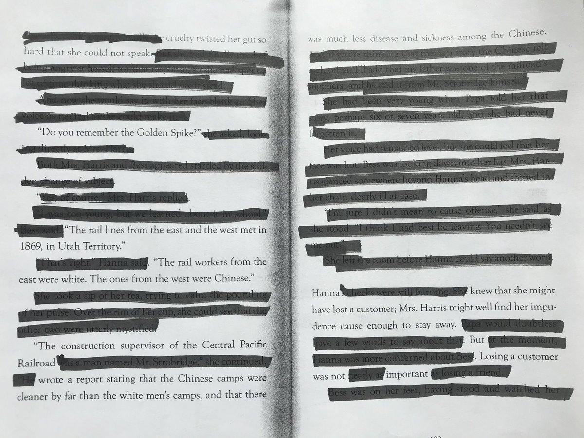 padmatv's tweet photo. A blackout poem from the 2 pages in ⁦@LindaSuePark⁩ ‘s modern classic #PrairieLotus

Why do these pages mean so much to me?

Because as a student in VA landlords were scared to rent to me for fear I would keep their place too dirty 

#DiverseVerse #AuthorsTakeAction https://t.co/4FqF97cZQd