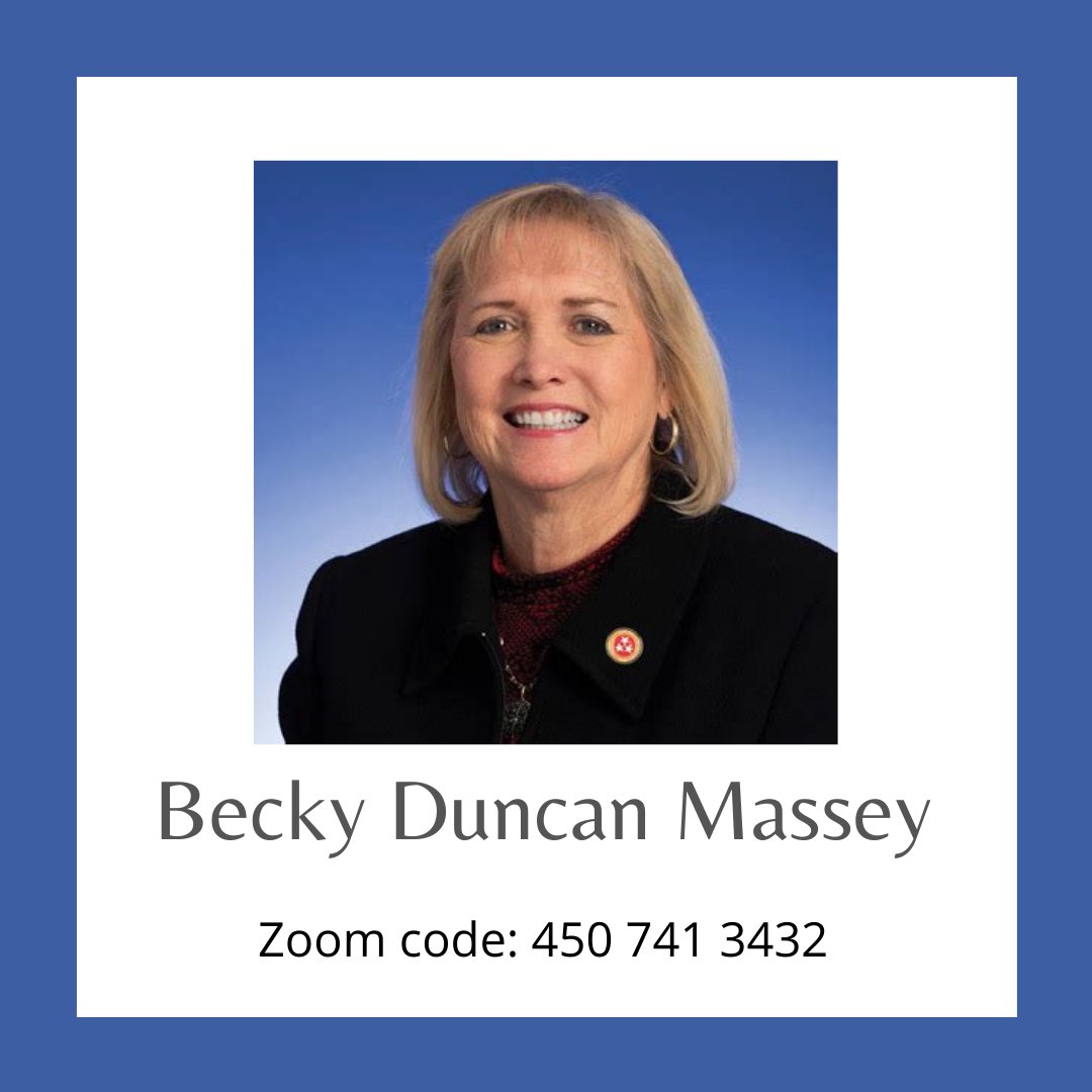 We have the amazing opportunity to host State Senator Becky Duncan Massey to speak over zoom. An incredible legislator! Hope to see you at 6pm tonight!