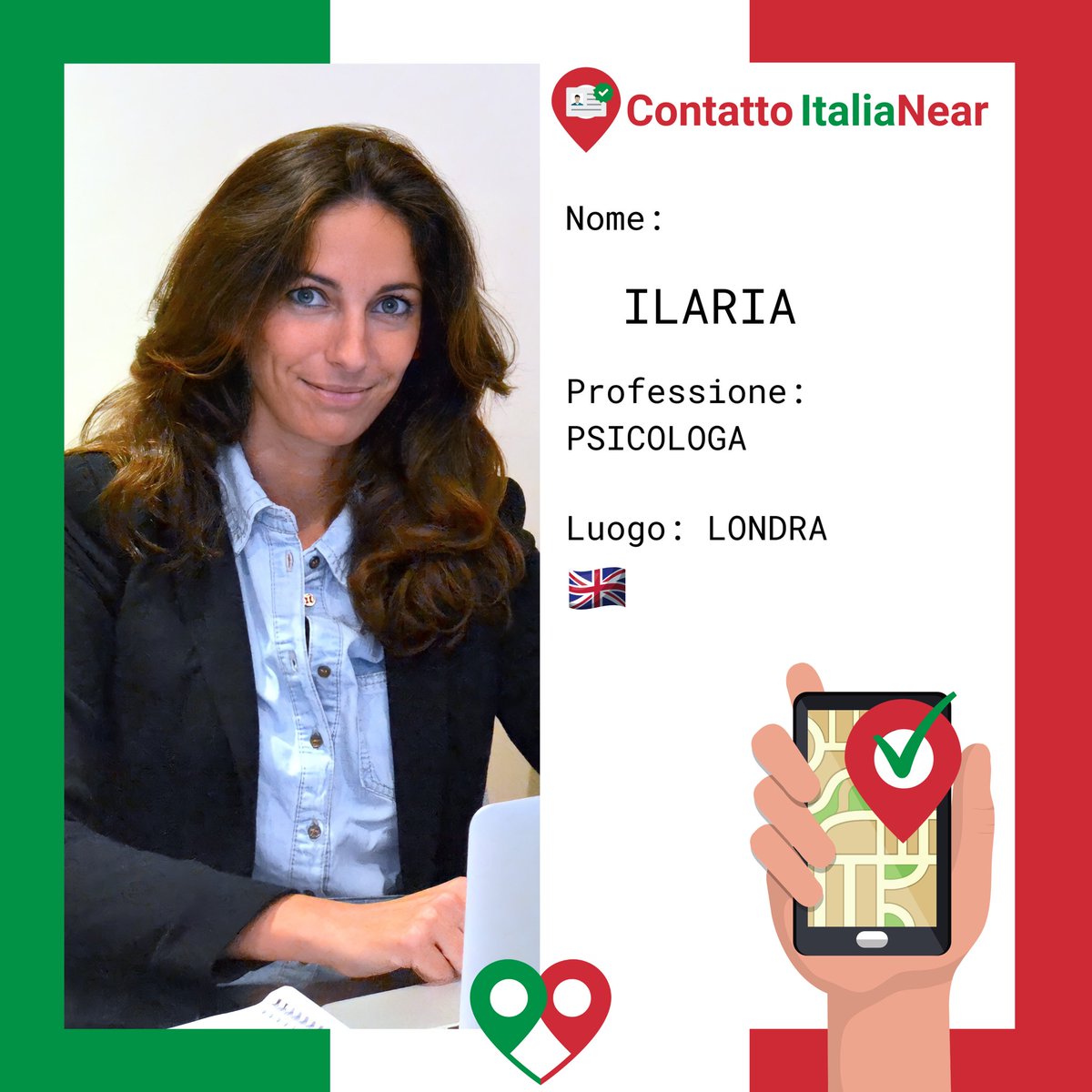 Oggi vi presentiamo ILARIA, fresca di iscrizione sull’app ItaliaNear!📍📲Ilaria lavora a Londra come psicologa e psicoterapeuta CBT. 🇬🇧Trovate i suoi riferimenti nella scheda contatto!

#ItaliaNear #VicinoaVoi #italianialondra