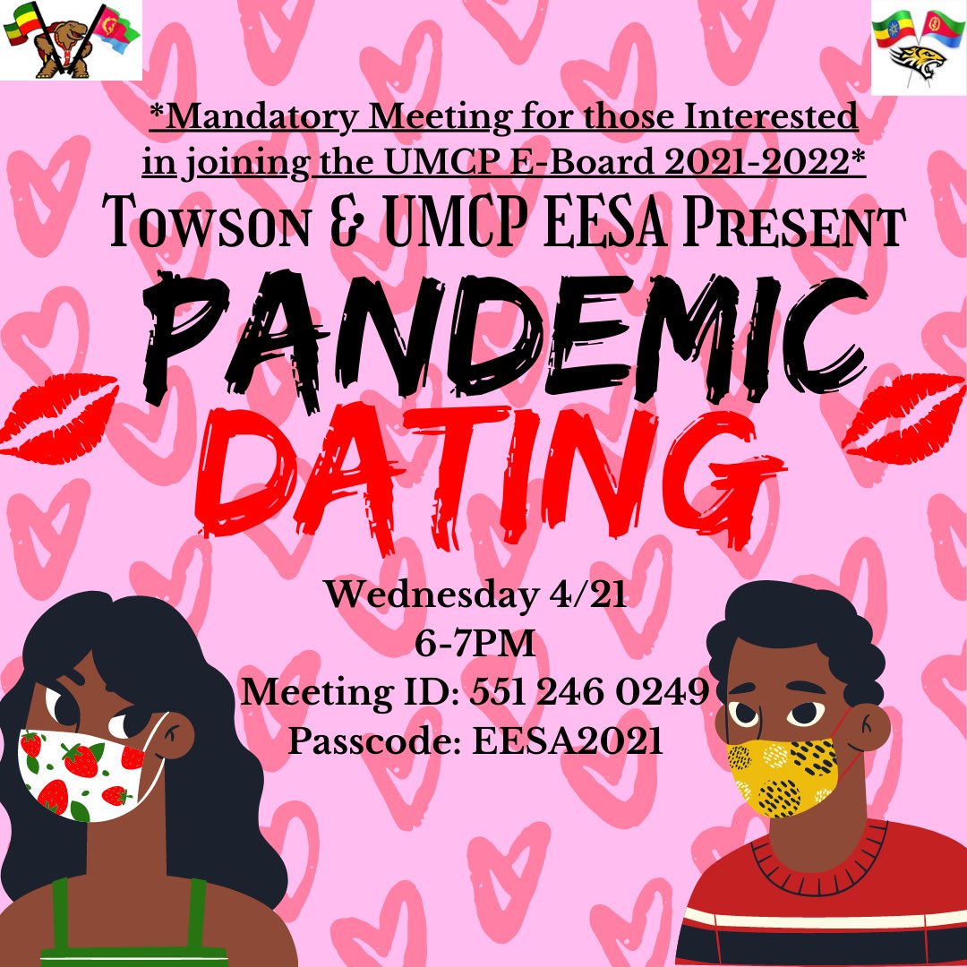 UMCP_EESA's tweet image. Interested in running for UMCP E-Board 2021-2022? Don’t miss tomorrow’s GBM on how the pandemic has impacted dating! @UMCP_EESA and @EesaTowson can’t wait to see you there!🤩