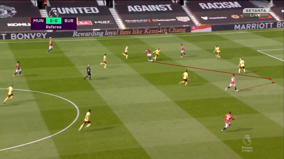 Pogba collects a high ball quite well and turns into the field. Rashford makes a run to the wing and that drags Burnley's defence wider. This leaves space for Bruno to run into unchallenged and Pogba should have done better with the ball.Bruno applauds the effort nonetheless.