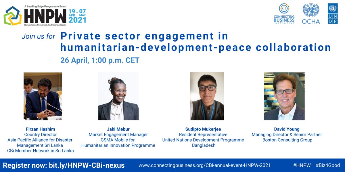 Connecting_biz's tweet photo. How and when do humanitarian, development and peace practitioners come together with the #PrivateSector to help vulnerable people? Join us for this interactive panel discussion during #HNPW to learn from concrete examples! #Biz4Good Register today👉https://t.co/BRVtTyJXsg https://t.co/VvghuU3REK