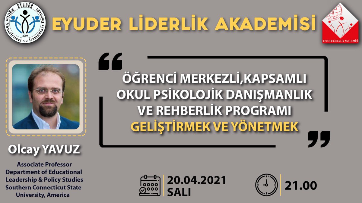 EYUDER Liderlik Akademisi Eğitimleri devam ediyor...
Bu akşam saat 21.00 de Sayın Doç. <a href="/DrOlcayYavuz/">Olcay Yavuz</a> ile birlikte bu ayki konumuz ile devam edeceğiz.
<a href="/DanOkul/">Okul Psikolojik Danışmanları Derneği</a> <a href="/ademcilek/">Adem ÇİLEK</a> <a href="/tcmeb/">Millî Eğitim Bakanlığı</a>