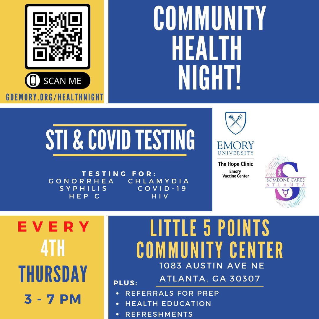 Getinvolvedemo1's tweet image. Join us at the Little 5 Points Community Center THIS Thursday (April 22) from 3-7pm for FREE STI testing, COVID testing, and food! All are welcome!