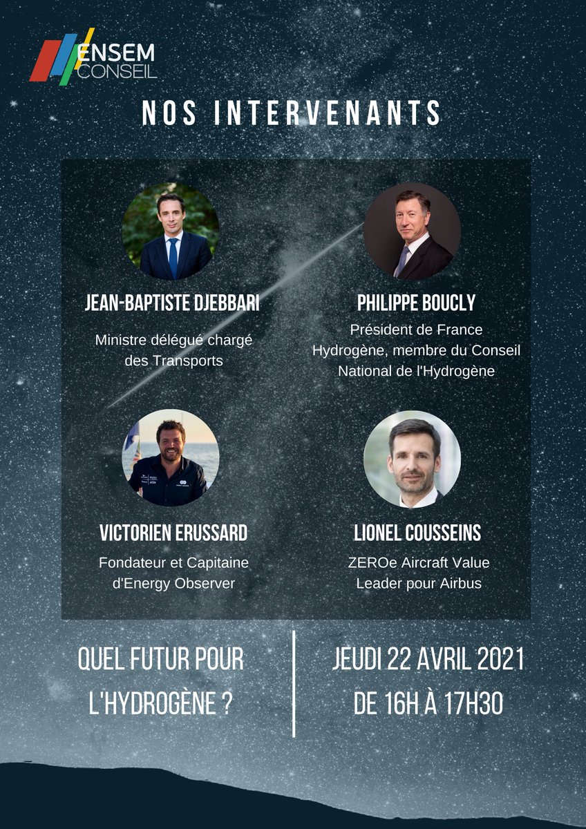Nous sommes heureux de vous annoncer notre deuxième #conférence en ligne !

➡️ Quel #futur pour l'#Hydrogene ? 

📌 RDV jeudi 22 avril à 16h avec <a href="/Djebbari_JB/">Jean-Baptiste Djebbari</a>, Philippe Boucly, <a href="/VicErussard/">Victorien Erussard</a> et Lionel Cousseins.

🔗 Inscrivez-vous ici : attendee.gotowebinar.com/register/52936…

#WeAreJE #mobilités