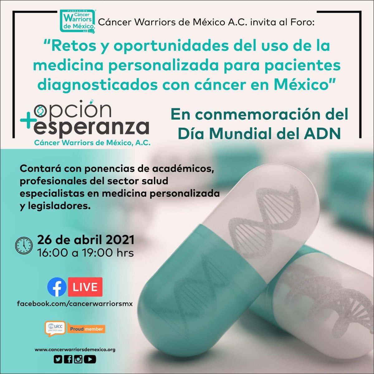 funsamex_org's tweet photo. #ForoMásOpción. Les esperamos en el Foro que organizamos por el próx. #DíaMundialDelADN. El lunes 26 de abril a partir de las 16:00 hrs. vía nuestro Facebook Live. Porque es importante que estemos informados sobre tratamientos que nos acercarán a una cura definitiva 🆚 el #cáncer https://t.co/knZaWF5lJL