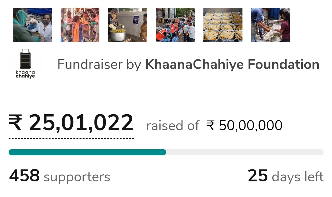 We have raised 25 lakhs in 5 days via Crowdfunding which enables us to add 1 lakh meals to our food drives in this phase of the  #lockdownThank you citizens of  #Mumbai & all those who are supporting our fight against hunger. We are grateful.  #Khaanachahiye  #aThoughtForFood