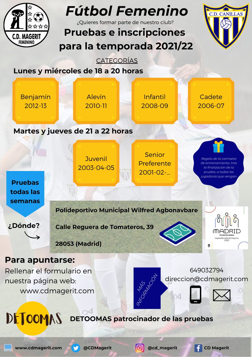♀️ <a href="/detoomas/">Detoomas.com</a> con el fútbol femenino

🤝 ¿Quieres formar parte del <a href="/CDCanillas/">CD Canillas</a> y <a href="/CDMagerit/">CD Magerit</a>?

⏰ Empiezan ya las pruebas para la temporada 21/22

⚽ Todas las categorías

📲 Rellena este formulario para poder hacerlas

👇👇👇

💻 cdmagerit.com/128220-formula…