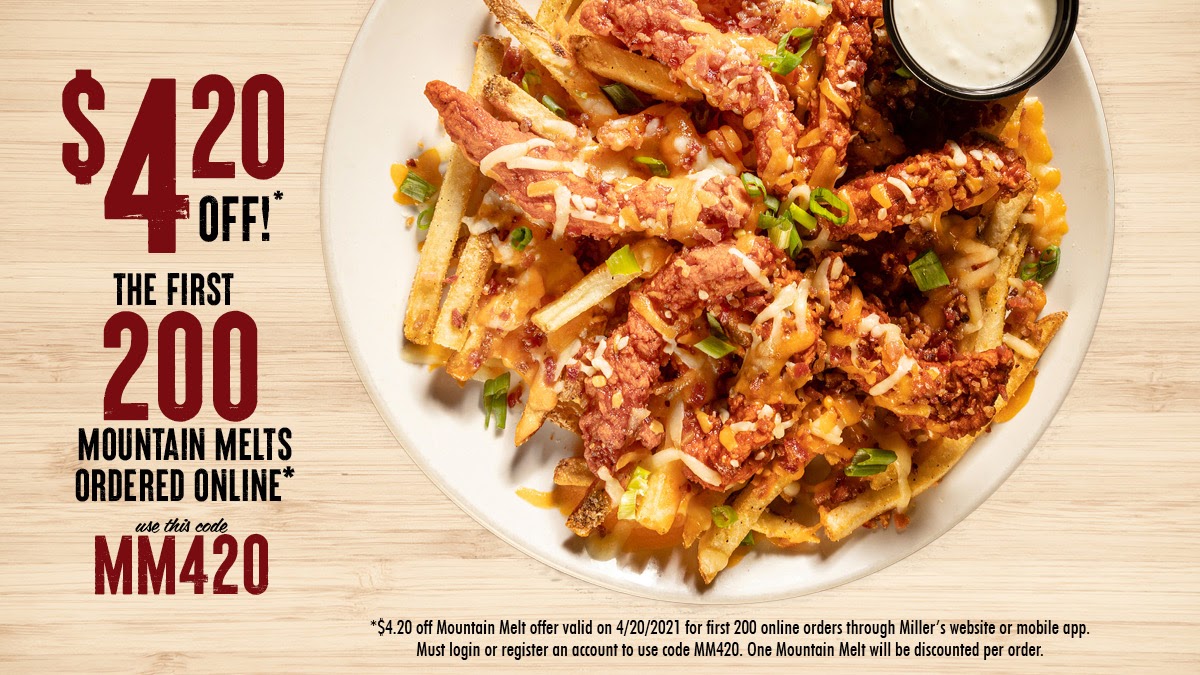 MillersAleHouse's tweet photo. Got the Munchies? The first 200 Mountain Melts ordered online will receive $4.20 off!* Use code MM420 at checkout. > https://t.co/XFKfSmUgiG https://t.co/4NqU4QTIcR