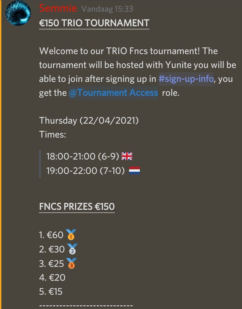 FNCSCustoms's tweet image. FNCS €150 TRIO TOURNAMENT!

How to join:
1. Like &amp;amp; Retweet this tweet. ♻️ 
2. Follow @FNCSCustoms. 
3. (Operational) @ your teammates in the commands.

Tournament will be hosted in the discord below. Send proof in channel #sign-up-proof. 
discord.gg/fncs