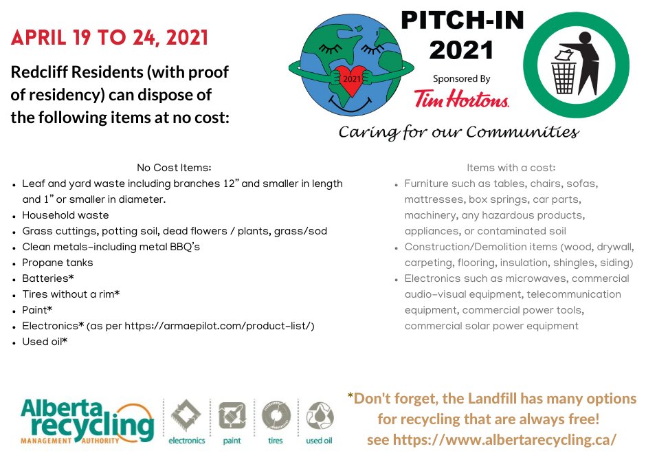 THIS WEEK! Pitch-In 2021 free household waste disposal for #myredcliff residents at the Landfill. See below for no-cost disposal and this link for a list of electronics that can be recycled! redcliff.ca/wp-content/upl…