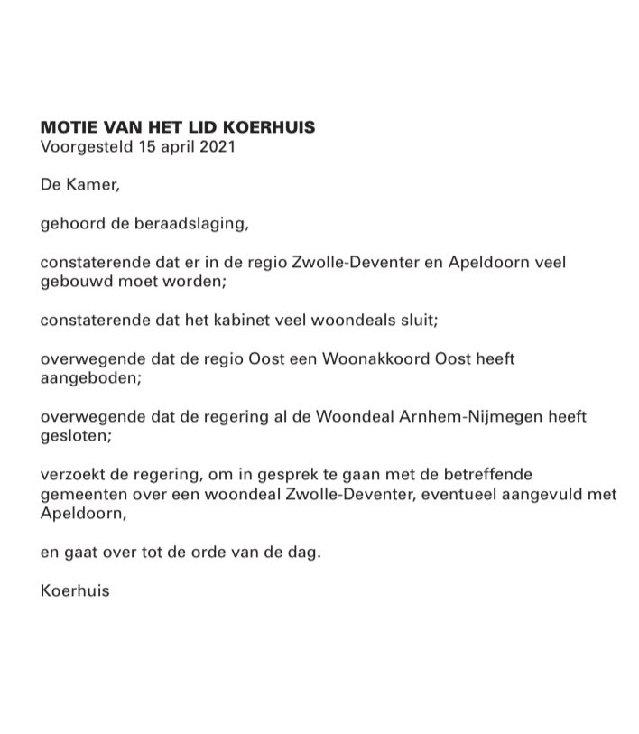 danielkoerhuis's tweet image. De woningnood is hoog in NL We moeten hiervoor 150.000 huizen bouwen in Oost-NL. Ik heb gepleit voor een Woonakkoord Oost! De minister heeft hieruit al een Woondeal Arnhem-Nijmegen gesloten. Goed dat mijn motie nu is aangenomen voor een Woondeal Zwolle-Deventer-evt Apeldoorn.