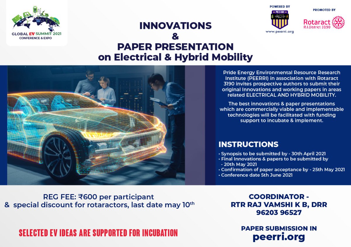 run_pride's tweet photo. @PEERRI2  PEERRI in association with Rotaract 3190 invites to Participate in INNOVATIONS AND PAPER PRESENTATIONS ON ELECTRICAL AND HYBRID MOBILITY

Registration Link : https://t.co/faThpQQdKe

For More Details Visit: https://t.co/tU1oTtNTey https://t.co/24swcdOXT9