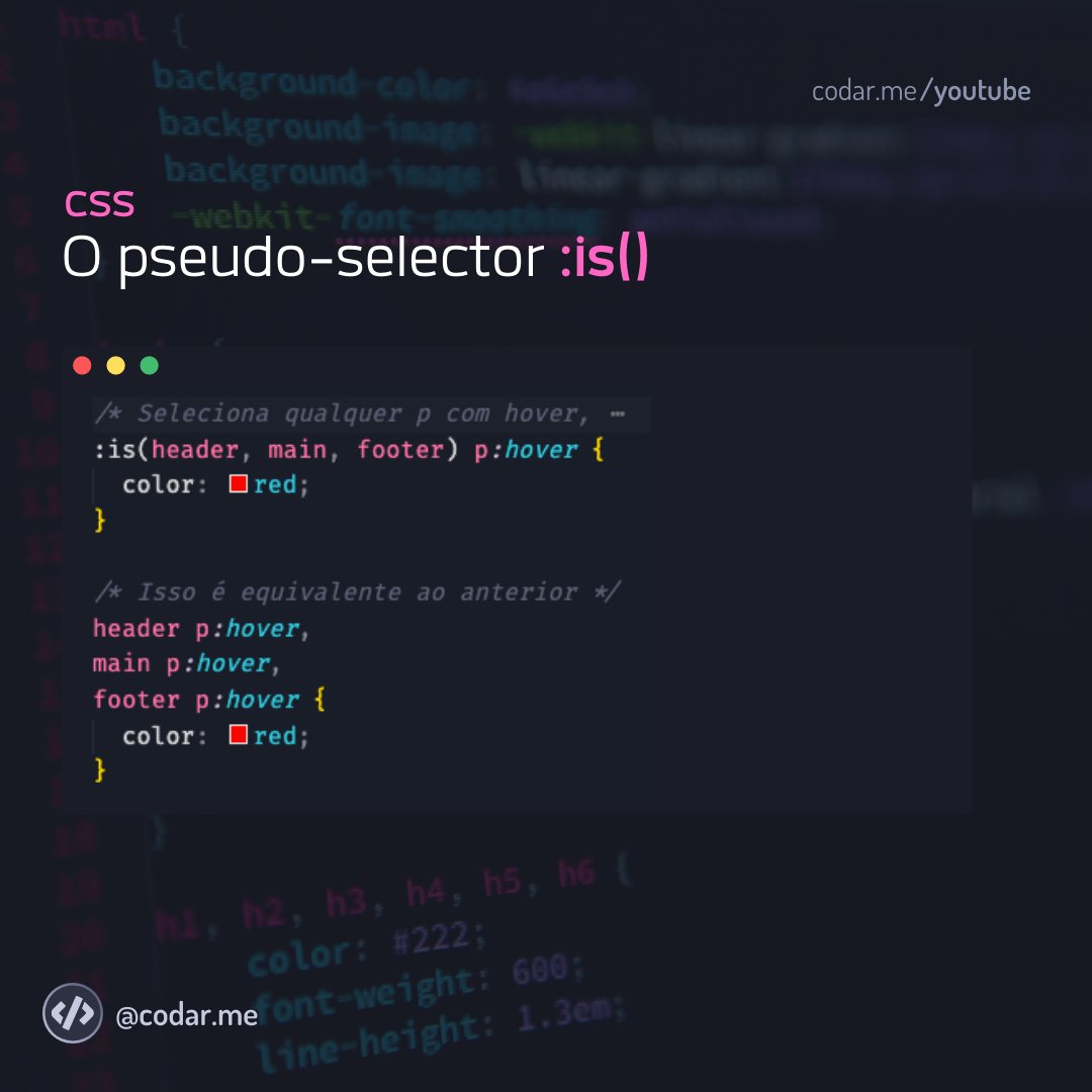 codar_me's tweet image. A  pseudo-class CSS :is(), pega uma lista de seletores como seu argumento e seleciona qualquer elemento que pode ser selecionado por um dos seletores nessa lista.

Nem todos os navegadores têm suporte ao :is, então cuidado. 

#css #cssis #csspseudoclass