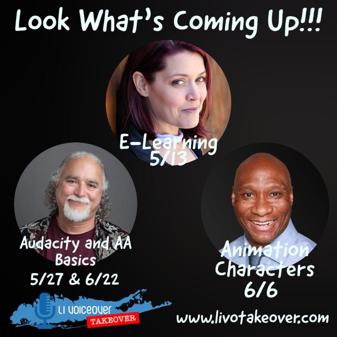 SickingerHolly's tweet photo. Look what’s coming up! E-Learning Workout @realevoices, only audit spots left. Also, check out Audacity and AA Basics with @antland, and Animation with @VoiceActingDir! @VOTakeoverLI https://t.co/hFM3c3Xs99 #voiceover #vo #voiceactor #elearning #animation #recordingsoftware https://t.co/4PKjxj13eO
