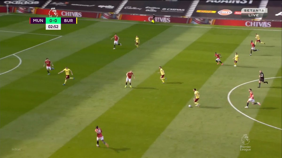 Maguire is pressed by the CF so he needs to circle back—the pass to Shaw was there earlier—and he passes to Fred. Fred sees he's going to be pressed hard but he fails to trap the ball well and is easily outmuscled. This results in a Burnley half-pitch transition.