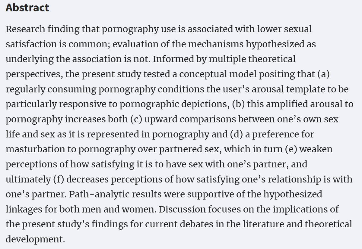 2/ Study found consuming porn made one particularlyresponsive to pornographic depictions.- This lead to comparisons of one’s own sex lifeand sex as it is represented in pornography.- Which resulted in a preference for masturbationto pornography over partnered sex....